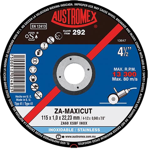 DISCO P/CORTE A.INOX.115X1X22.2MM C.292 MAXICUT AUSTROMEX