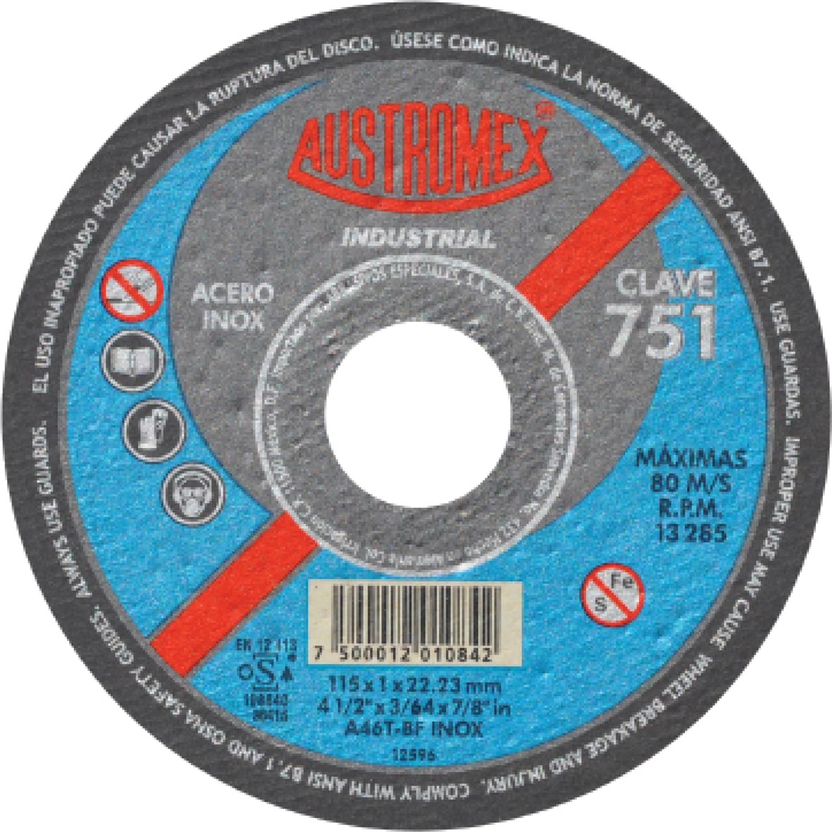DISCO P/CORTE A.INOX. LI 41/2X3/64X7/8 C.751 AUSTROMEX