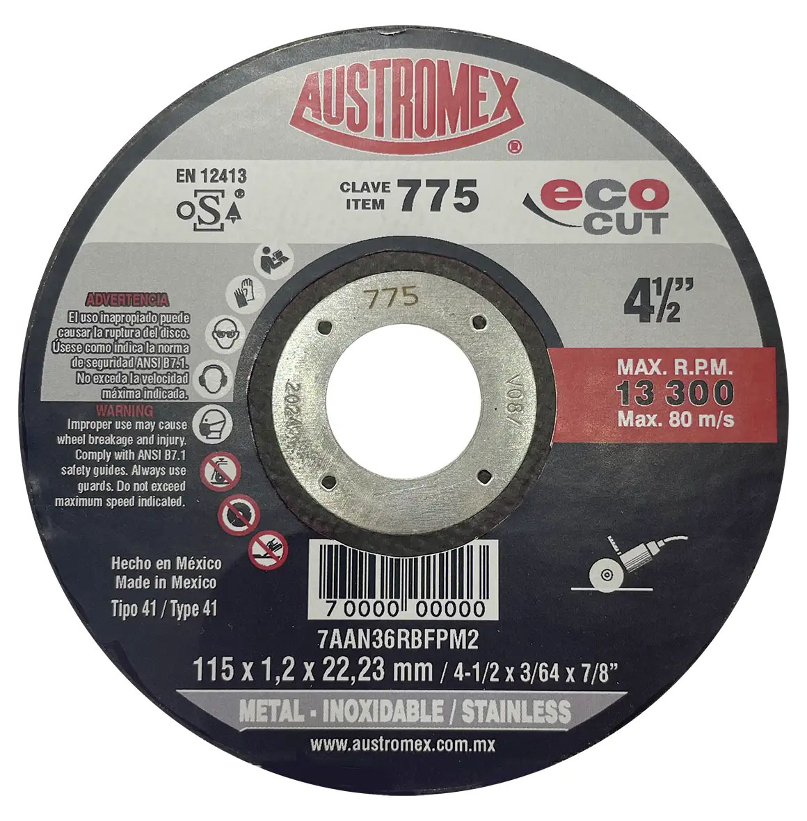 DISCO P/CORTE METAL A.INOX. 4-1/2X3/64X7/8 775 ECOCUT