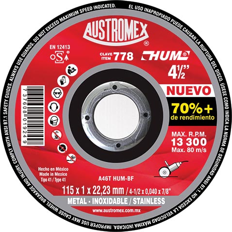 DISCO P/CORTE METAL A.INOX. 41/2x0.40x7/8 C.778 HUM AUS...