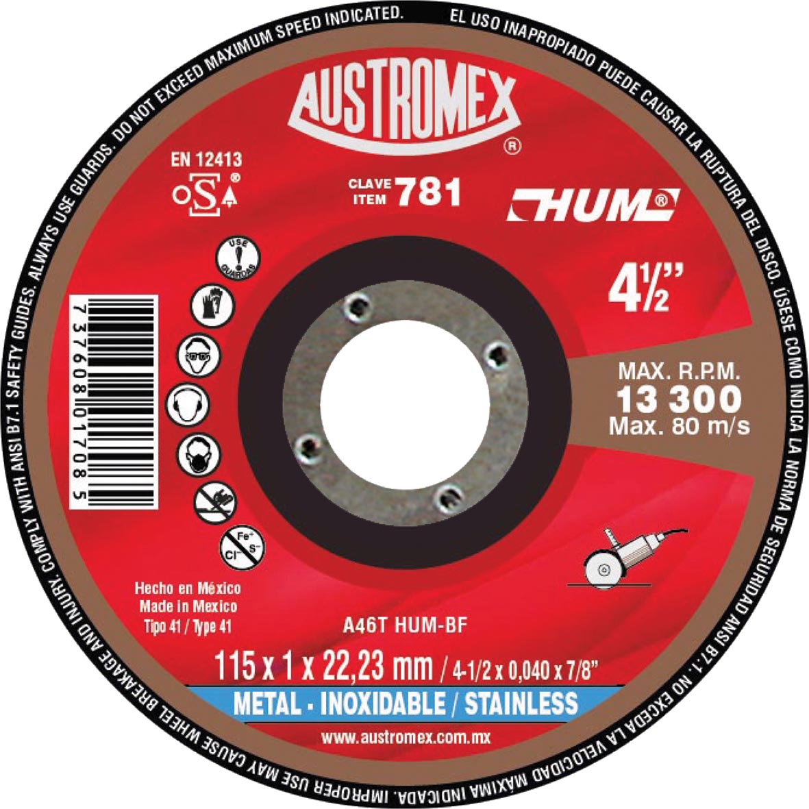 DISCO P/CORTE A.INOX.4 1/2X .040 X7/8 C.781 AUSTROMEX