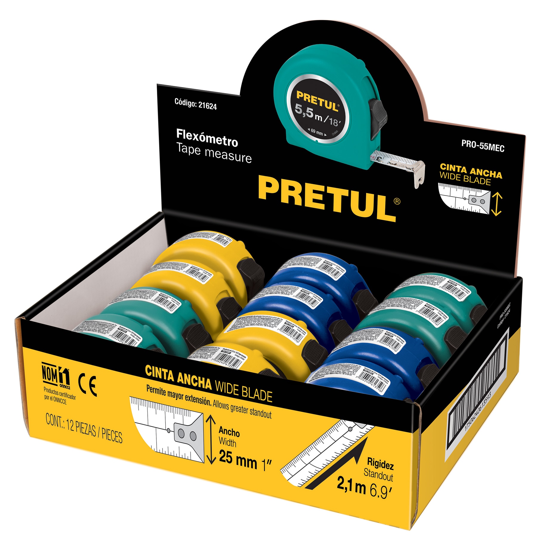 FLEXOMETRO PRO55MEC 5.5 CINTA ANCHA PIEZA PRETUL