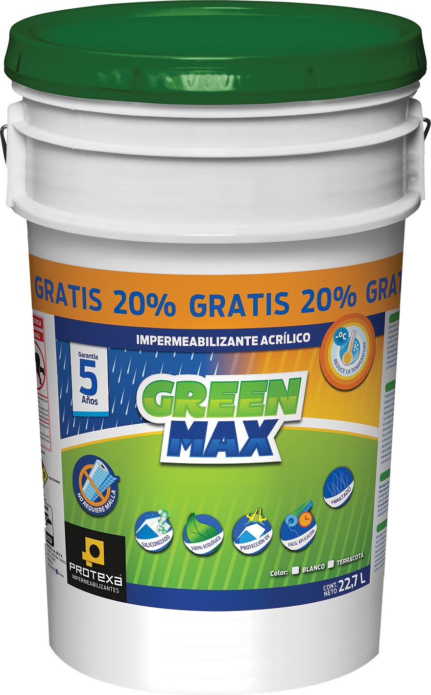IMPERMEABILIZANTE ACRIL. GREEN MAX 5 ANOS 22.7 LTS. CUBETO